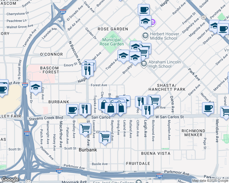 map of restaurants, bars, coffee shops, grocery stores, and more near 128 Boston Avenue in San Jose