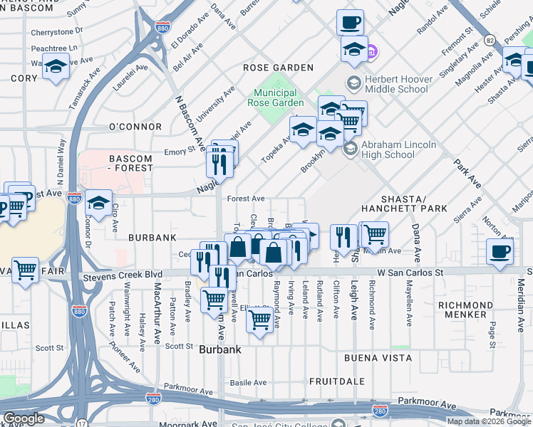 map of restaurants, bars, coffee shops, grocery stores, and more near 133 Brooklyn Avenue in San Jose