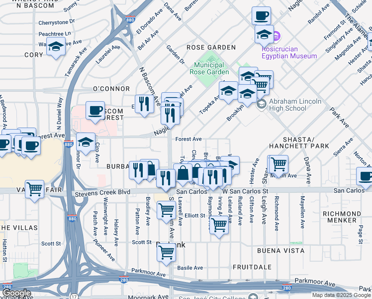 map of restaurants, bars, coffee shops, grocery stores, and more near 148 Topeka Avenue in San Jose