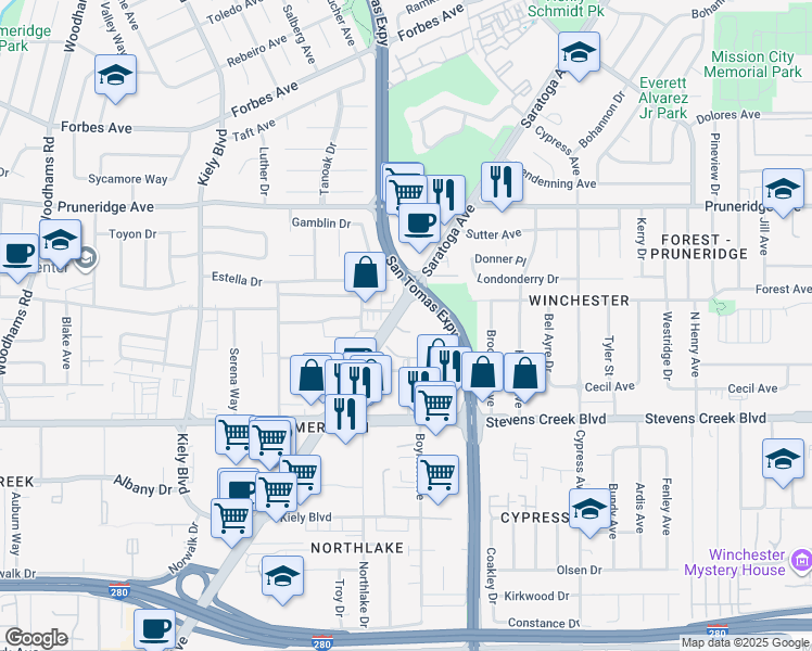 map of restaurants, bars, coffee shops, grocery stores, and more near 111 Saratoga Avenue in Santa Clara