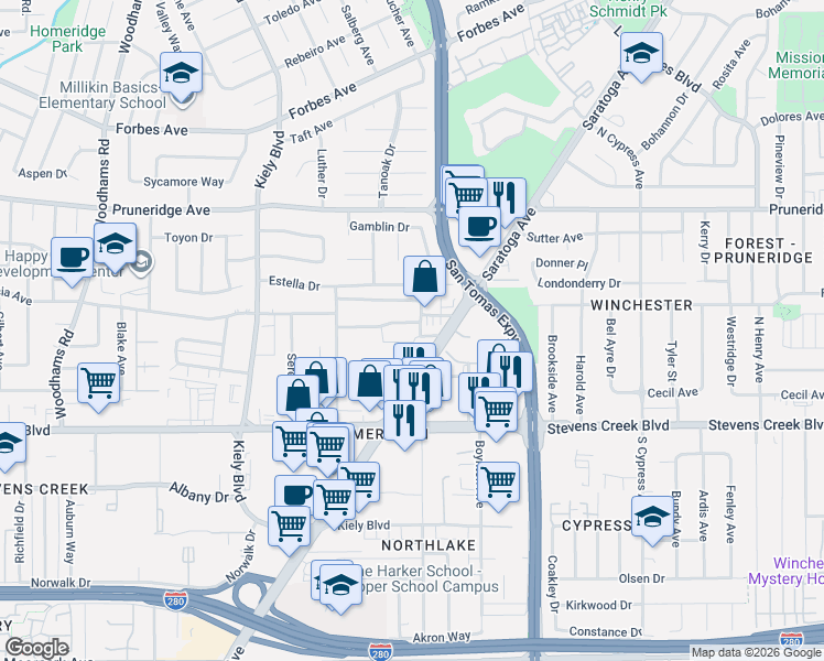 map of restaurants, bars, coffee shops, grocery stores, and more near 2625 Keystone Avenue in Santa Clara