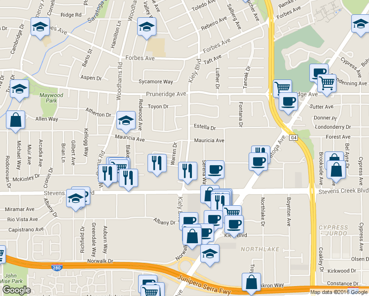 map of restaurants, bars, coffee shops, grocery stores, and more near 150 Kiely Boulevard in Santa Clara