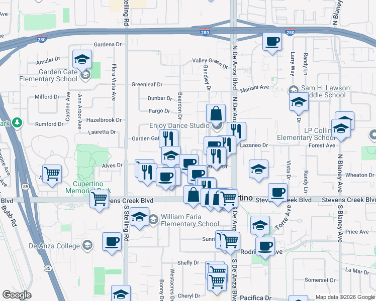 map of restaurants, bars, coffee shops, grocery stores, and more near 20652 Park Circle West in Cupertino