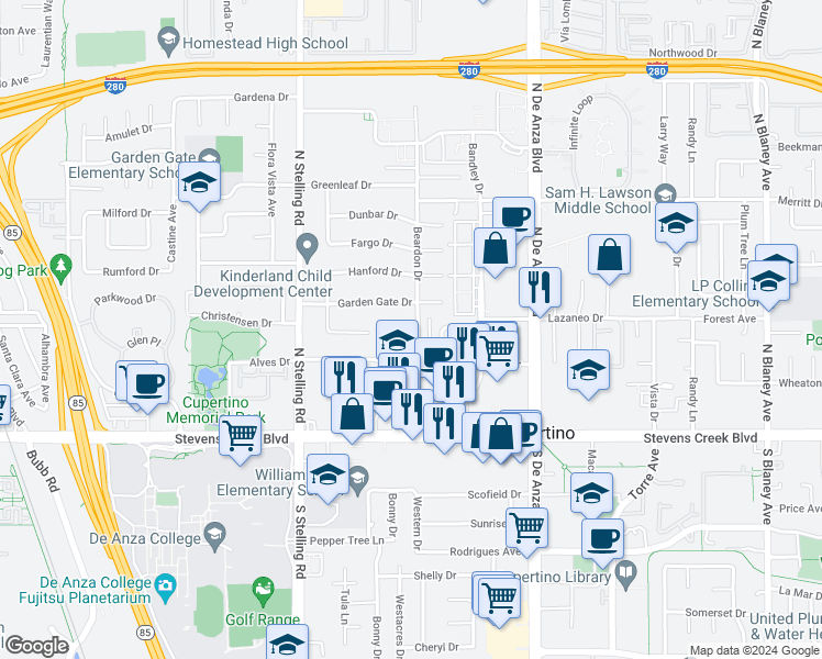 map of restaurants, bars, coffee shops, grocery stores, and more near 10195 Beardon Drive in Cupertino