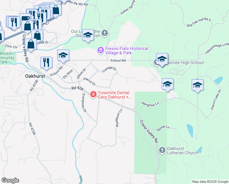map of restaurants, bars, coffee shops, grocery stores, and more near 49820 Pierce Court in Oakhurst