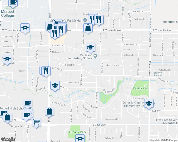 map of restaurants, bars, coffee shops, grocery stores, and more near 689 El Portal Drive in Merced