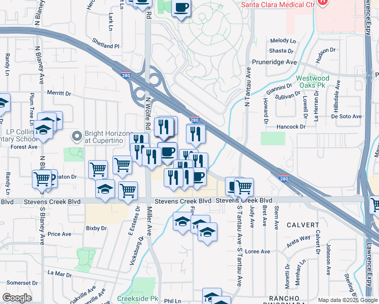 map of restaurants, bars, coffee shops, grocery stores, and more near 19333 Vallco Parkway in Cupertino