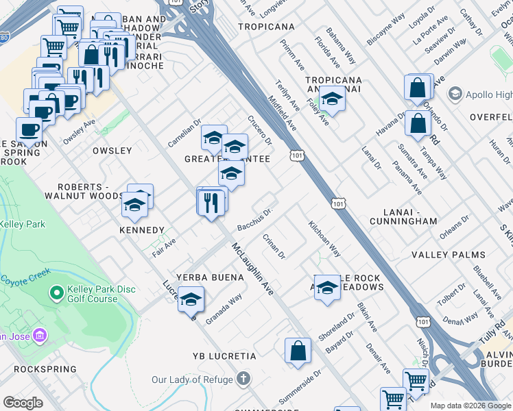 map of restaurants, bars, coffee shops, grocery stores, and more near 1254 Summer Blossom Court in San Jose