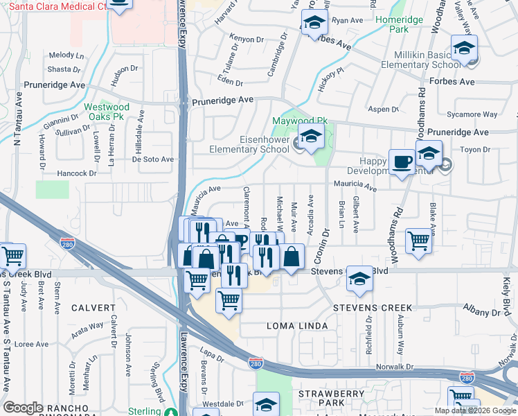 map of restaurants, bars, coffee shops, grocery stores, and more near 135 Rodonovan Drive in Santa Clara