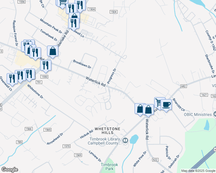 map of restaurants, bars, coffee shops, grocery stores, and more near 2731 Waterlick Road in Lynchburg