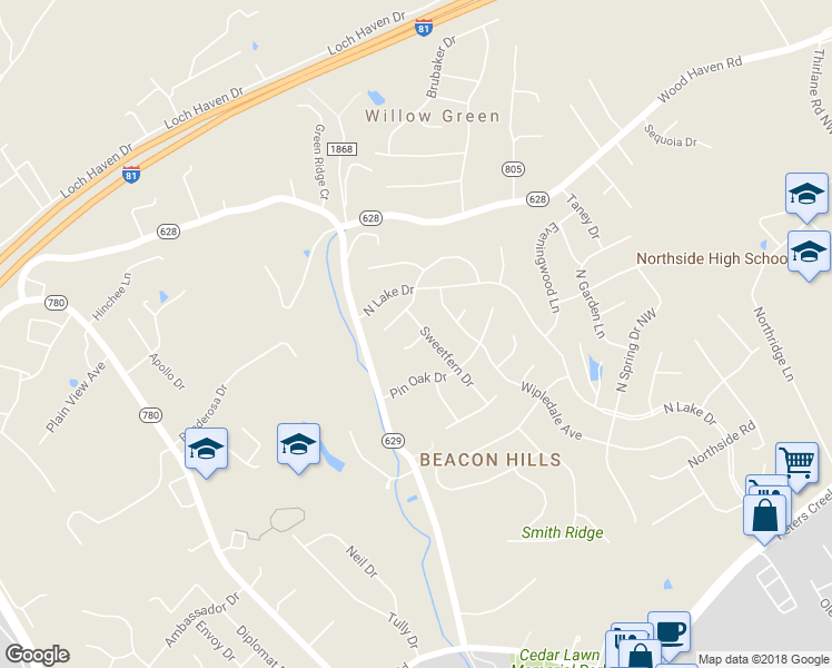 map of restaurants, bars, coffee shops, grocery stores, and more near 5550 Sweetfern Drive Northwest in Roanoke