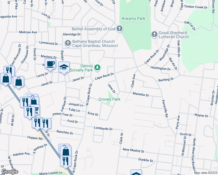 map of restaurants, bars, coffee shops, grocery stores, and more near 1533 Jane Drive in Cape Girardeau