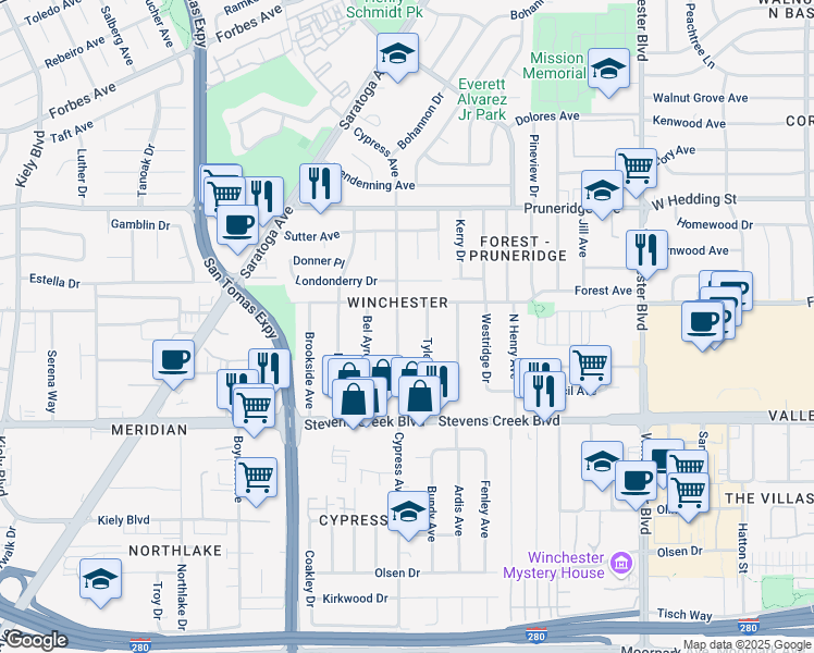 map of restaurants, bars, coffee shops, grocery stores, and more near 163 Tyler Avenue in Santa Clara