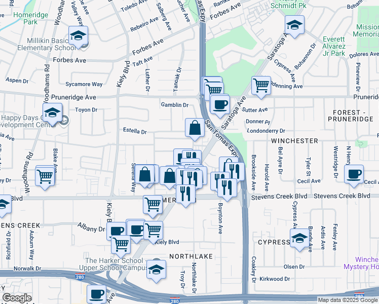 map of restaurants, bars, coffee shops, grocery stores, and more near 120 Saratoga Avenue in Santa Clara