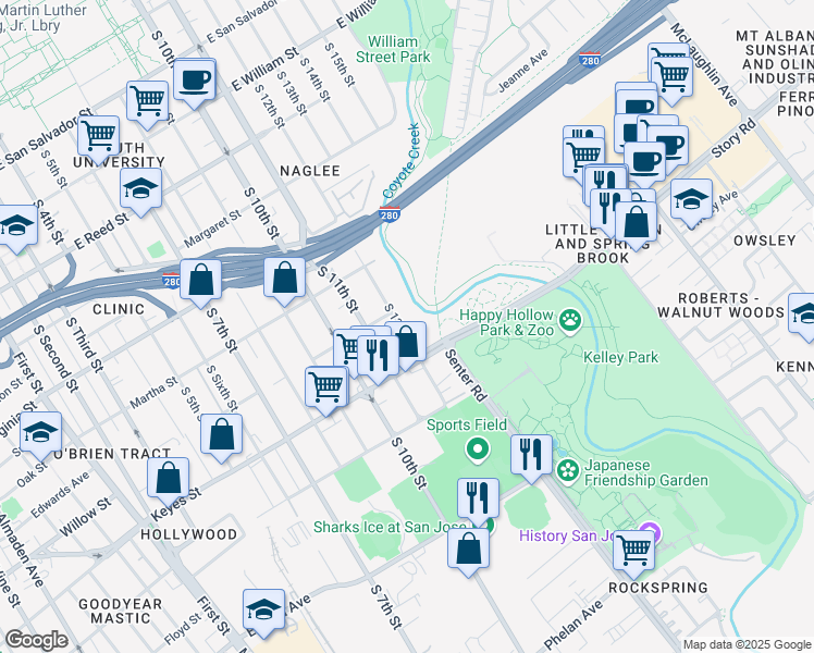 map of restaurants, bars, coffee shops, grocery stores, and more near 1030 South 12th Street in San Jose