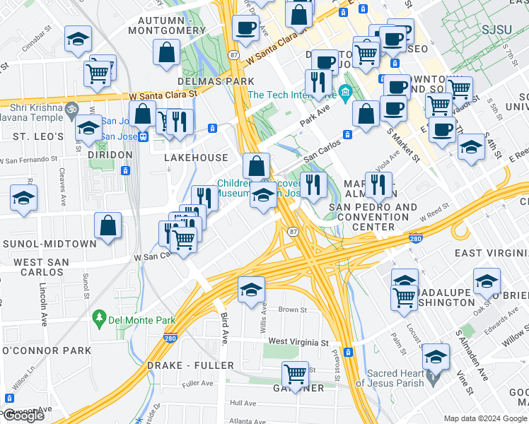 map of restaurants, bars, coffee shops, grocery stores, and more near 375 Delmas Avenue in San Jose