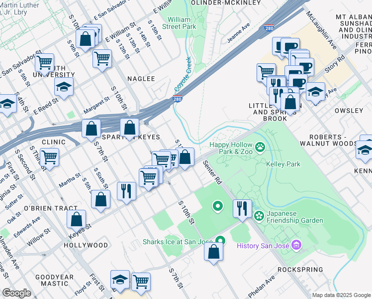 map of restaurants, bars, coffee shops, grocery stores, and more near 1030 South 12th Street in San Jose