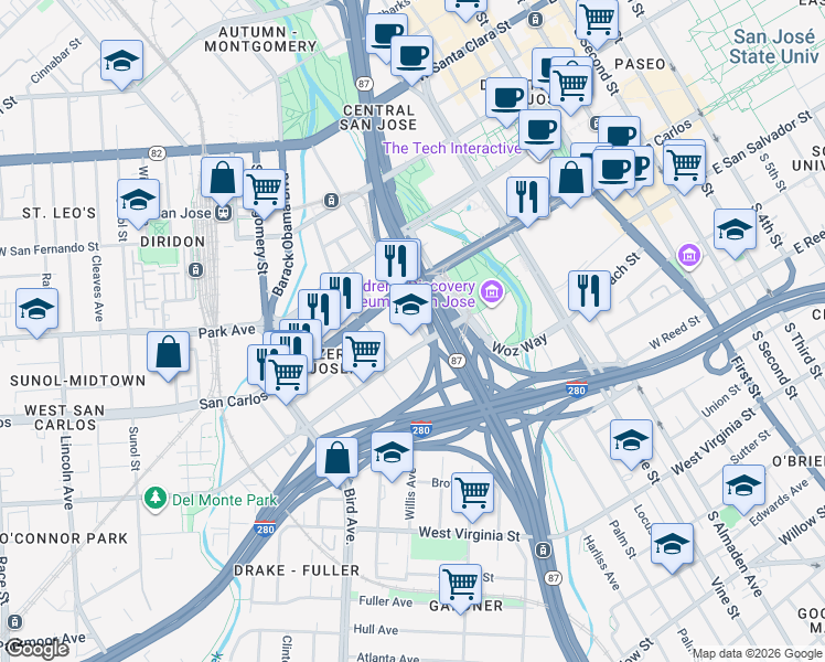 map of restaurants, bars, coffee shops, grocery stores, and more near 402 Auzerais Avenue in San Jose