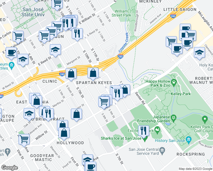 map of restaurants, bars, coffee shops, grocery stores, and more near 962 South 10th Street in San Jose