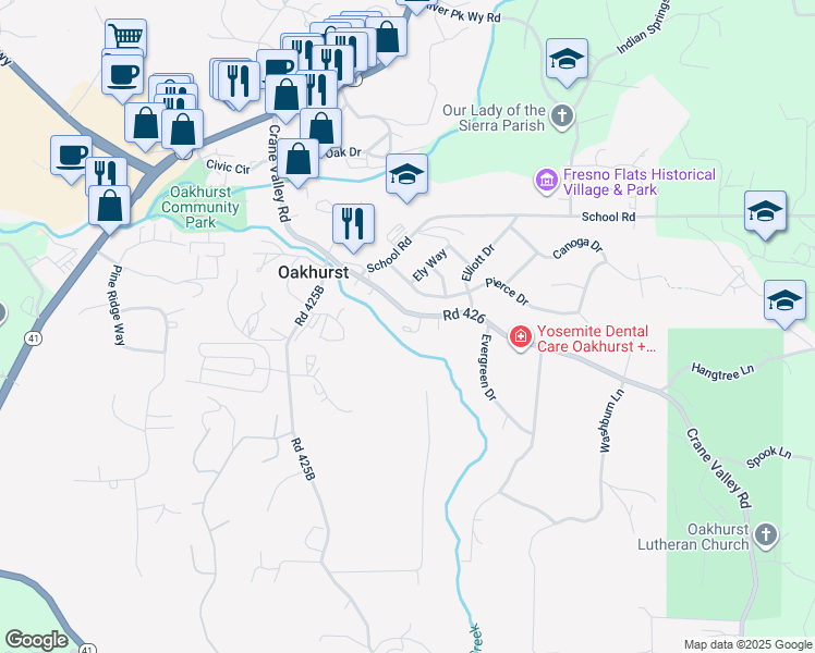 map of restaurants, bars, coffee shops, grocery stores, and more near 49484 Road 426 in Oakhurst