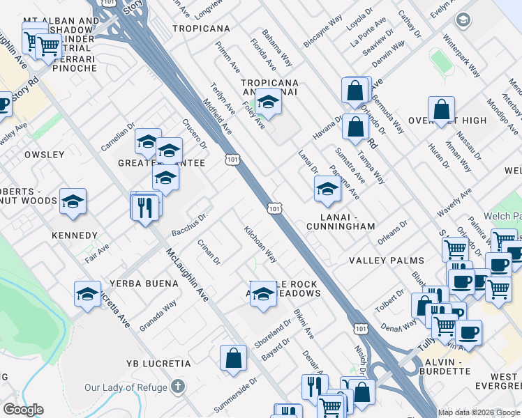 map of restaurants, bars, coffee shops, grocery stores, and more near 1394 Kilchoan Court in San Jose