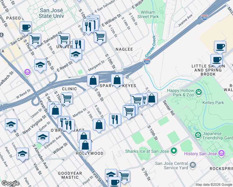 map of restaurants, bars, coffee shops, grocery stores, and more near 925 South 9th Street in San Jose