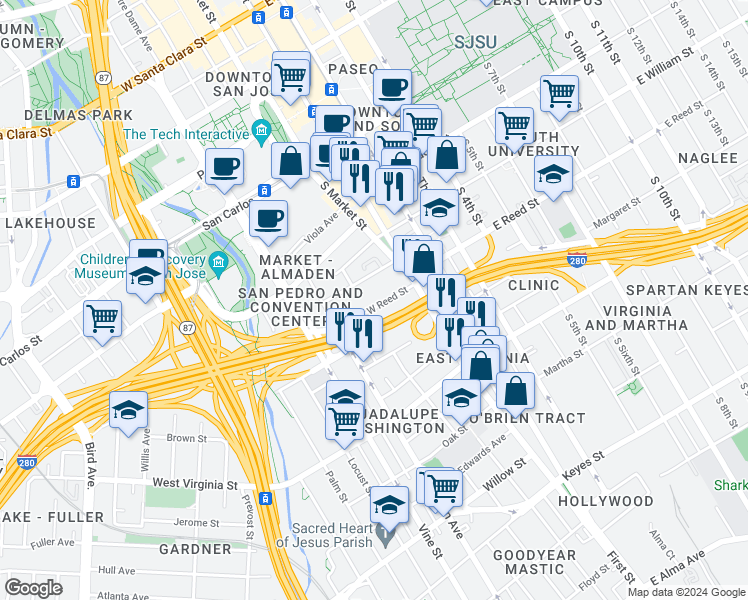 map of restaurants, bars, coffee shops, grocery stores, and more near 111 West Reed Street in San Jose