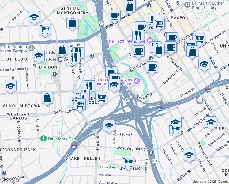 map of restaurants, bars, coffee shops, grocery stores, and more near 402 Auzerais Avenue in San Jose