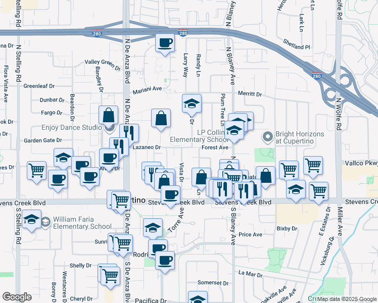 map of restaurants, bars, coffee shops, grocery stores, and more near 20179 Camarda Court in Cupertino
