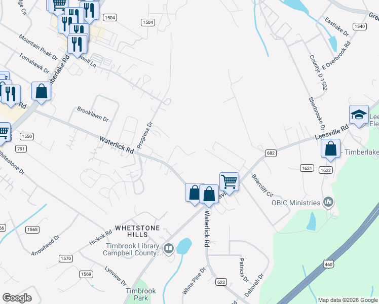 map of restaurants, bars, coffee shops, grocery stores, and more near 2542 Waterlick Road in Lynchburg