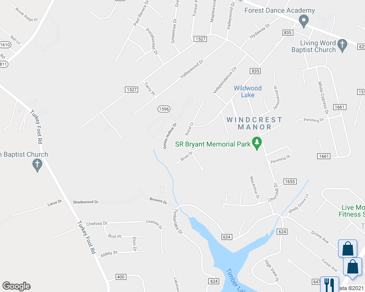 map of restaurants, bars, coffee shops, grocery stores, and more near 239 Royal Court in Forest