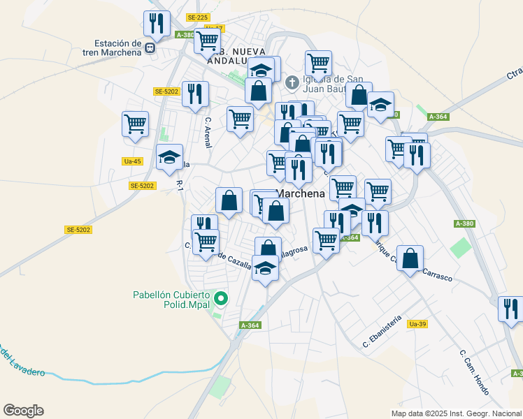 map of restaurants, bars, coffee shops, grocery stores, and more near 58 Calle Méndez Núñez in Marchena