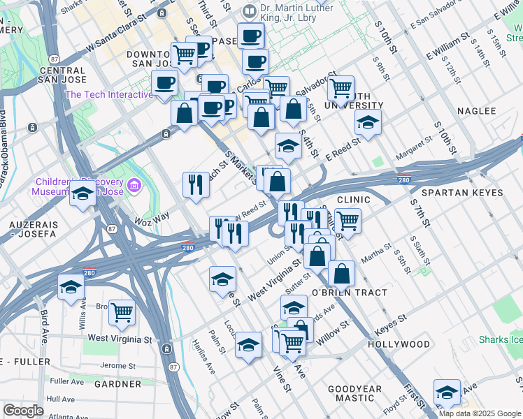 map of restaurants, bars, coffee shops, grocery stores, and more near 44 West Reed Street in San Jose