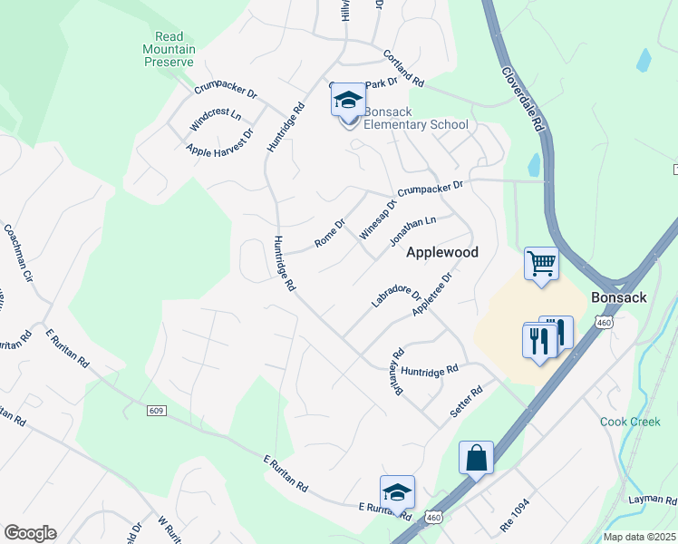 map of restaurants, bars, coffee shops, grocery stores, and more near 5538 Winesap Drive in Roanoke