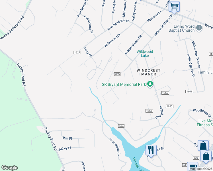 map of restaurants, bars, coffee shops, grocery stores, and more near 239 Royal Court in Forest