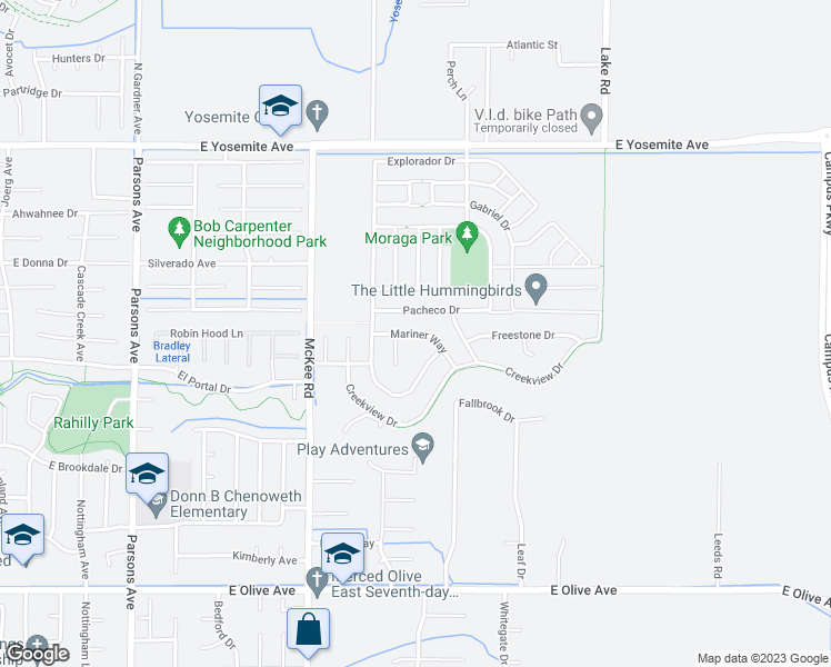 map of restaurants, bars, coffee shops, grocery stores, and more near 2348 Mariner Way in Merced