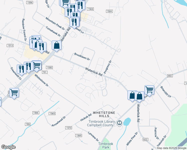 map of restaurants, bars, coffee shops, grocery stores, and more near 2830 Waterlick Road in Lynchburg