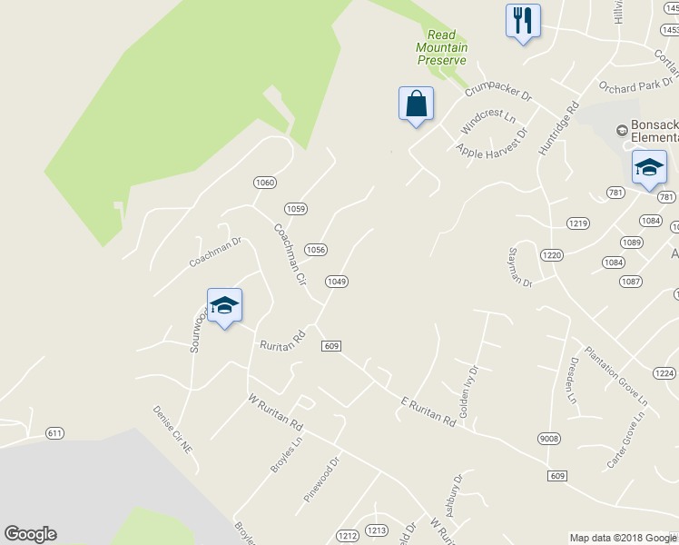 map of restaurants, bars, coffee shops, grocery stores, and more near 2256 Donagale Drive Northeast in Roanoke