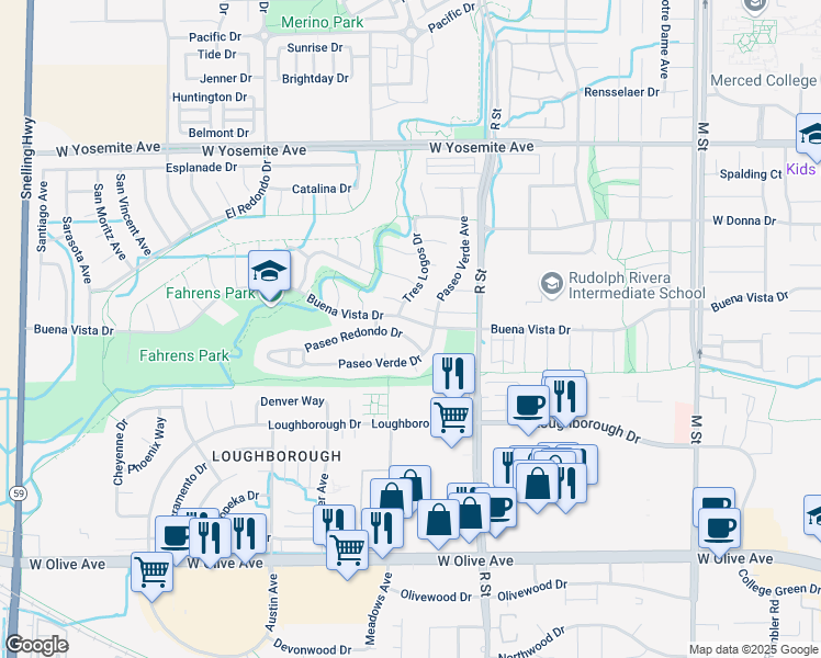 map of restaurants, bars, coffee shops, grocery stores, and more near 1153 Paseo Redondo Drive in Merced