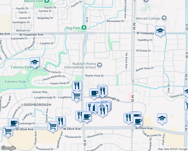 map of restaurants, bars, coffee shops, grocery stores, and more near 945 Buena Vista Drive in Merced