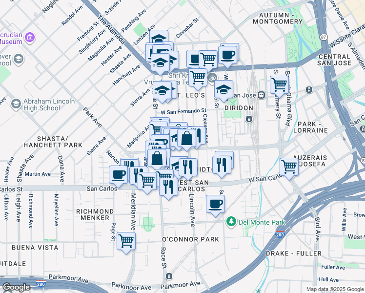 map of restaurants, bars, coffee shops, grocery stores, and more near 1042 Park Avenue in San Jose