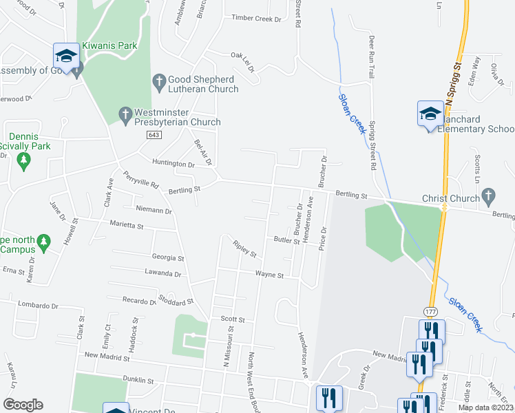 map of restaurants, bars, coffee shops, grocery stores, and more near 1541 North West End Boulevard in Cape Girardeau