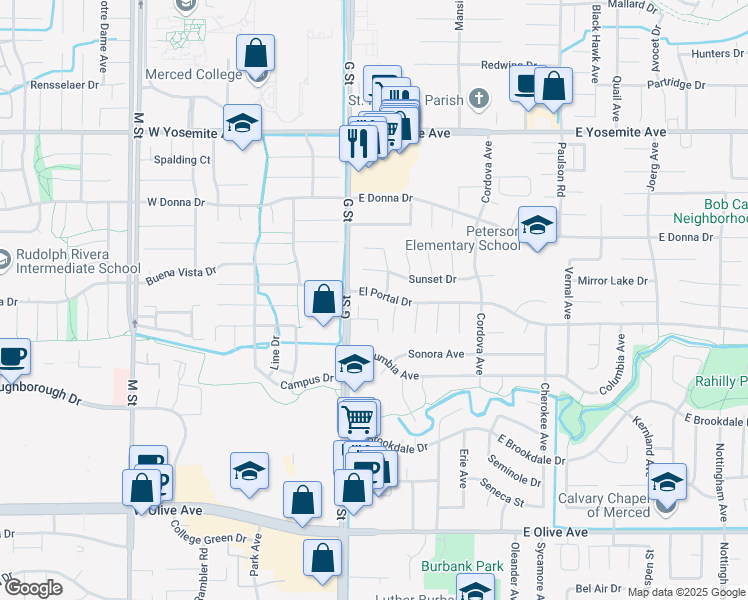 map of restaurants, bars, coffee shops, grocery stores, and more near 150 El Portal Drive in Merced