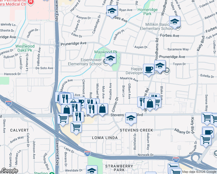 map of restaurants, bars, coffee shops, grocery stores, and more near 154 Arcadia Avenue in Santa Clara