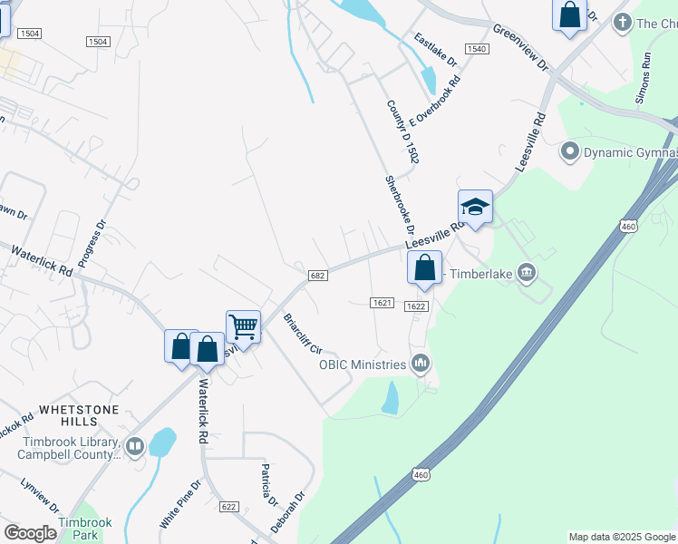 map of restaurants, bars, coffee shops, grocery stores, and more near 19625 Leesville Road in Lynchburg