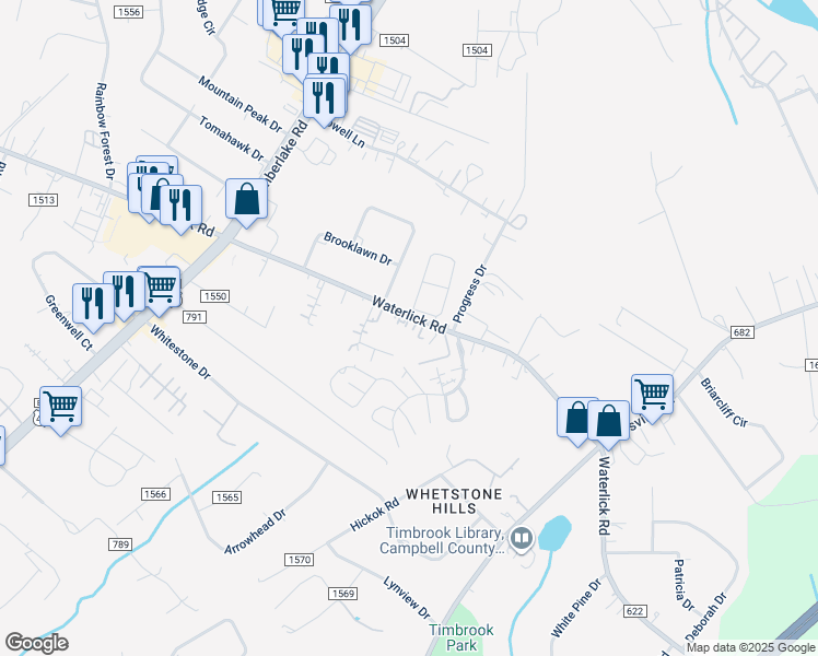 map of restaurants, bars, coffee shops, grocery stores, and more near 2830 Waterlick Road in Lynchburg