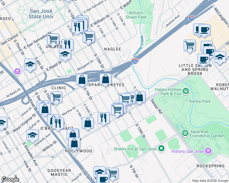 map of restaurants, bars, coffee shops, grocery stores, and more near 973 South 10th Street in San Jose