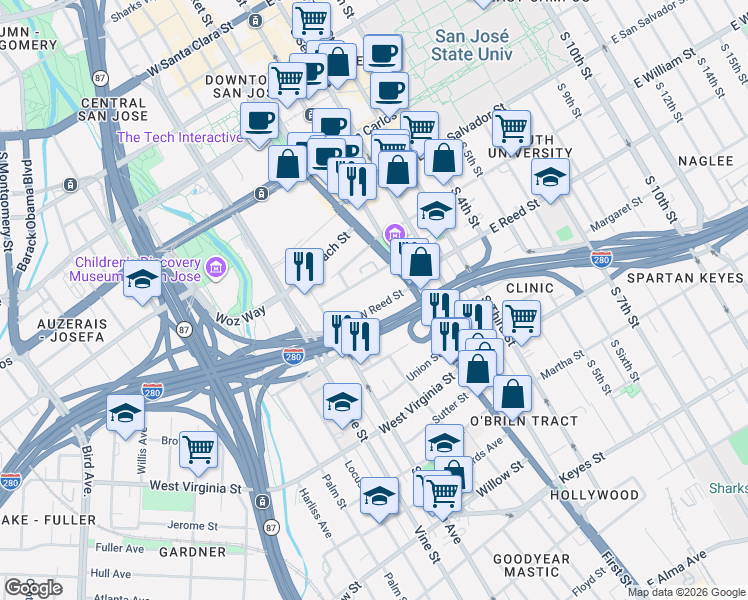 map of restaurants, bars, coffee shops, grocery stores, and more near 111 West Reed Street in San Jose