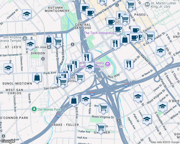 map of restaurants, bars, coffee shops, grocery stores, and more near 402 Auzerais Avenue in San Jose