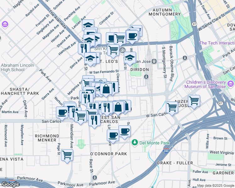 map of restaurants, bars, coffee shops, grocery stores, and more near 940 Park Avenue in San Jose